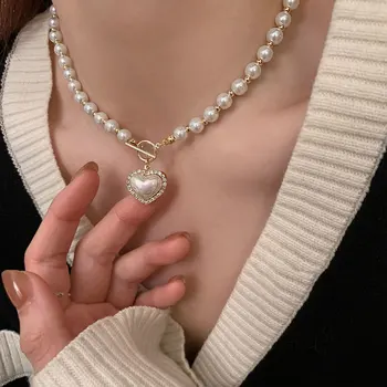 Kórejský Elegantný Retro Pearl Korálky Náhrdelník pre Ženy, Dámska Móda Drahokamu Shell Srdce Nezávislá Náhrdelník Choker Šperky Darček
